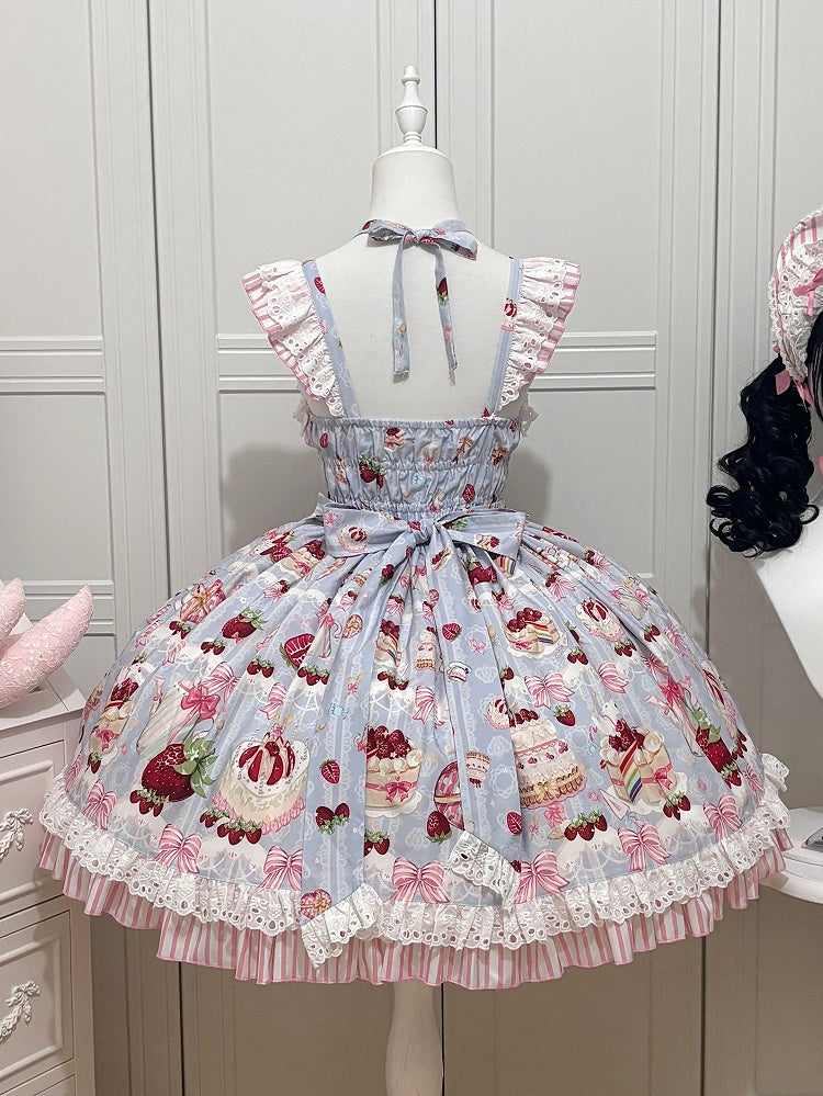 Sweet Skirt and Jumper Bows Blue Dessert Lolita Strawberry Print