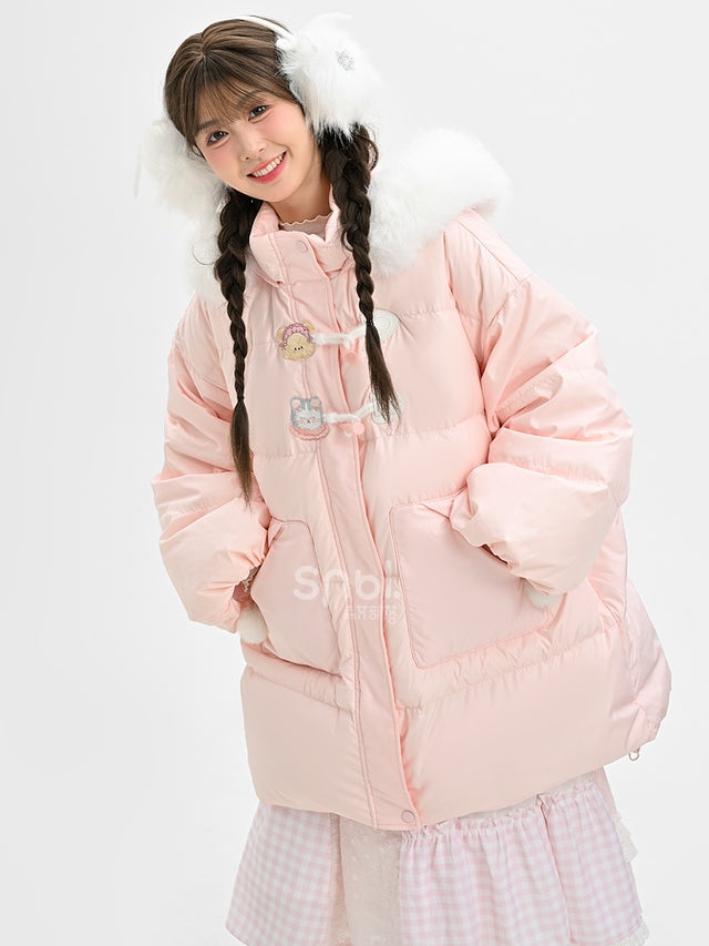 Pink Cute Bear and Kitty Plush Trim Hooded Down Coat