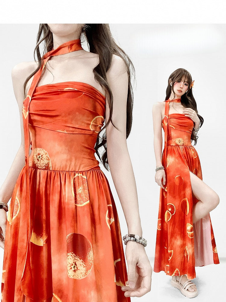 Holiday Orange Tube Sacrf Dress With