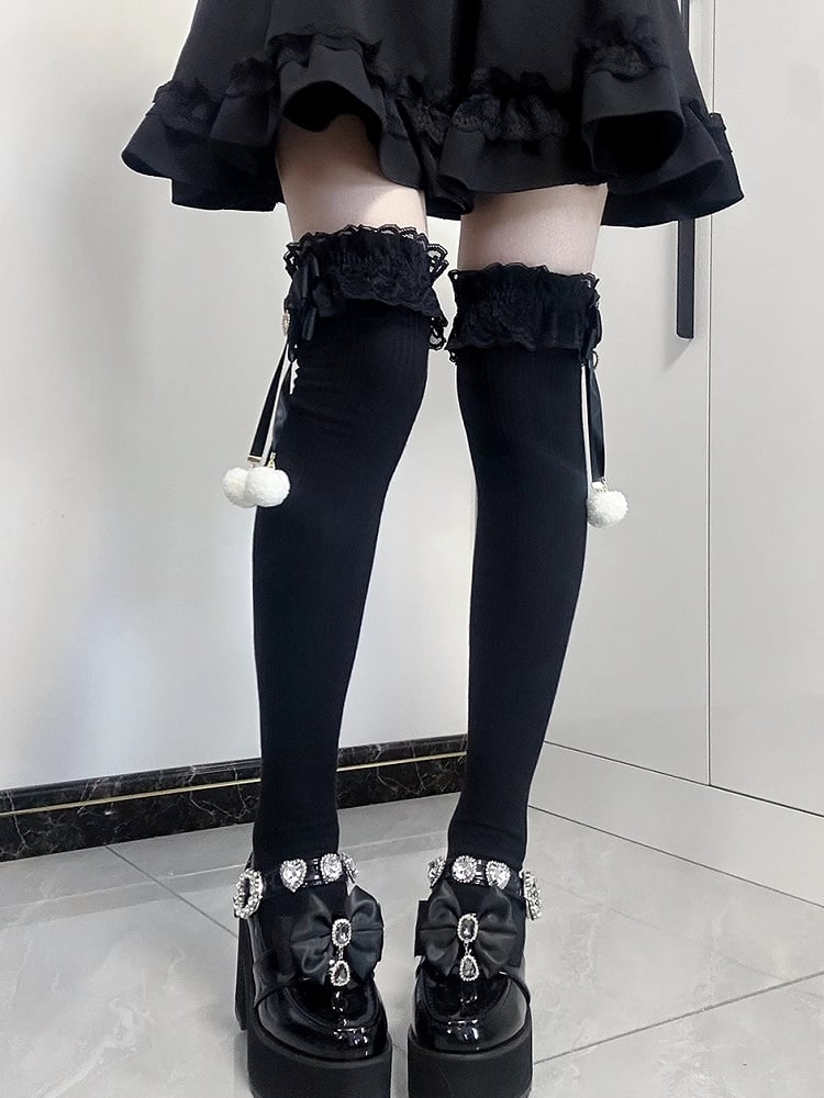 Jirai Kei Pompom-Details Spitzenbündchen Schleifen Overknee-Strümpfe