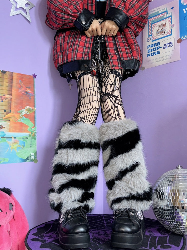 Beige/Grey Y2K Zebra Stripes Pattern 40CM Leg Warmers