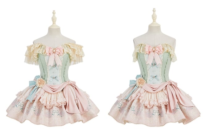 Grünes Jacquard-Mieder mit Stäbchen, rosa Lolita-Kleid mit Karussellmuster und großer Schleifenschleppe