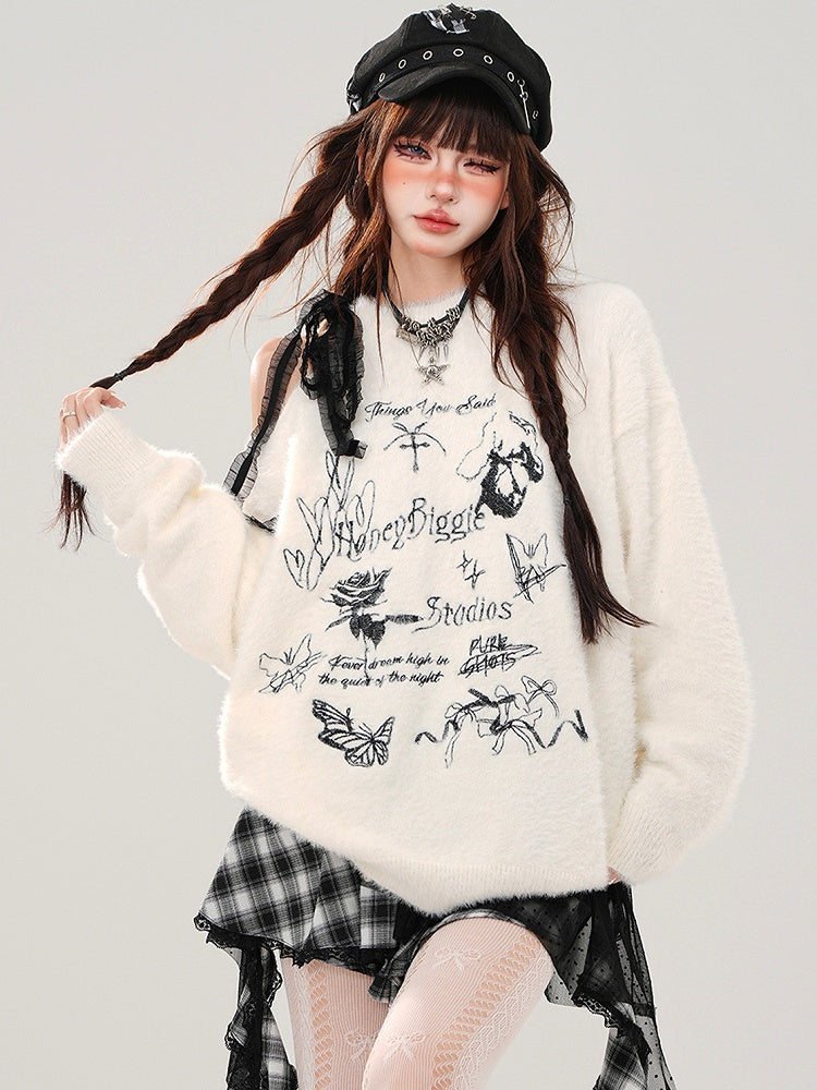 Apricot/Schwarzer weicher Mohair-Pullover mit Schmetterlingen und Schleifen an der Schulter