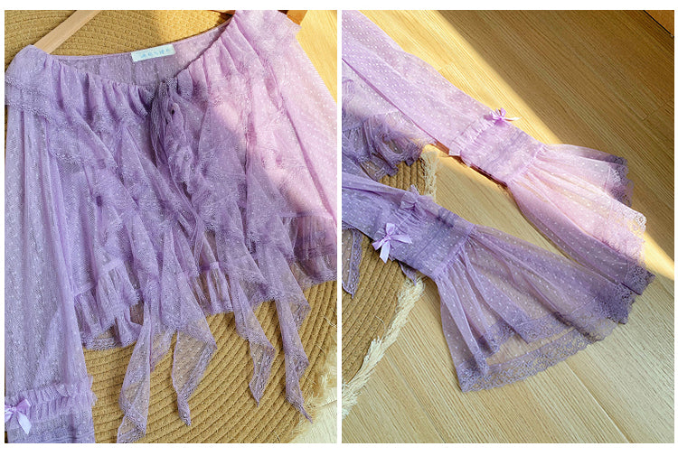 Long Sleeves Ruffle Sheer Top Cascading Dotted Purple Trim Tulle