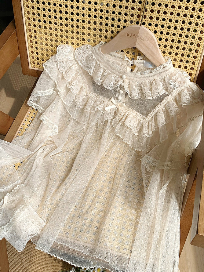 Long Tulle Sheer Top Lace Beige Sleeves Dots