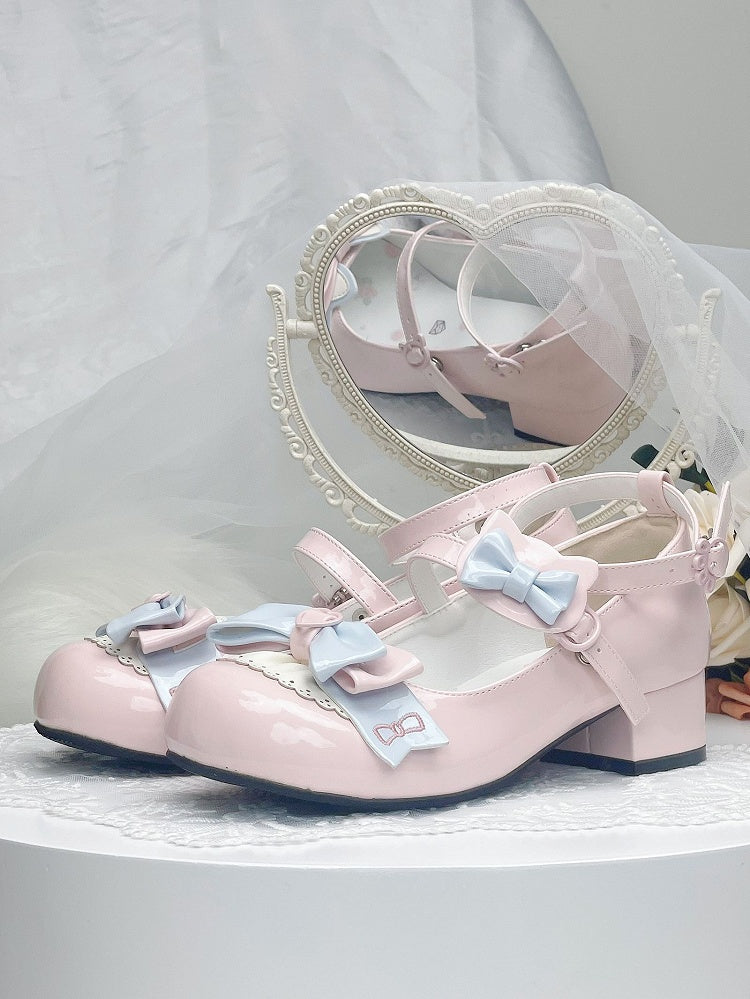 Rosa Lolita Mary Janes mit Schleife und katzenförmigem Schnallenriemen und Blockabsatz