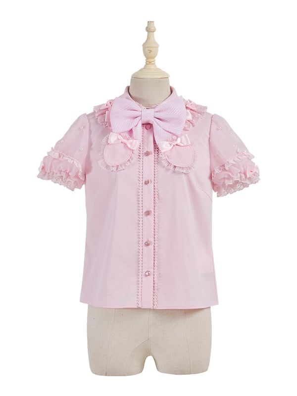 Rosa Bluse mit abnehmbarer Schleife am Ausschnitt und Perlen und kurzen Puffärmeln
