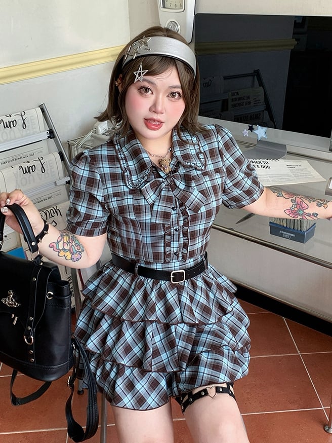 Plus Size Tiered Blue and Brown Plaid Blouse Preppy Style Sleeves Short Skirt /