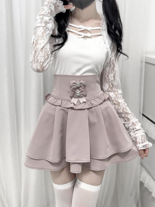 Jirai Kei Black/White Bowknots Neckline Lace Sleeves Top