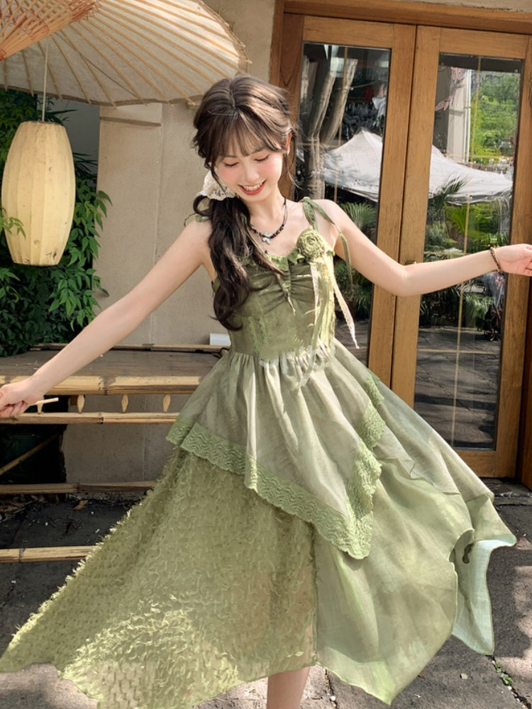 Shoulder Green Handkerchief Hem Dress Self-tie Mori Kei Cami with