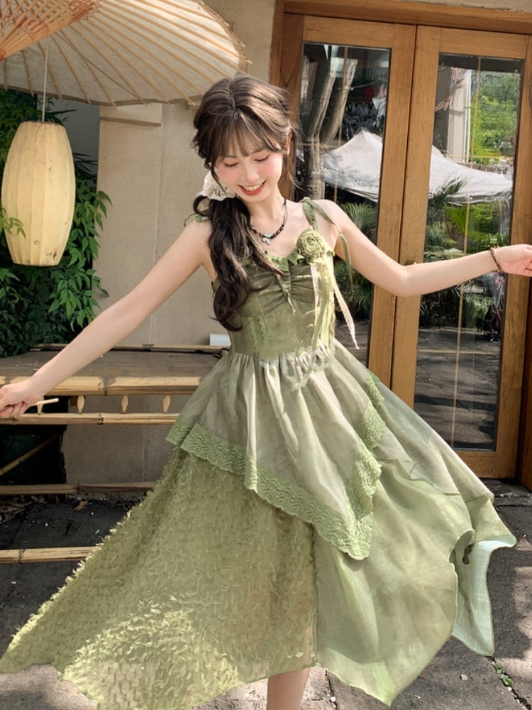 Self-tie Straps Mori Kei Cami with Dress Shoulder Green Handkerchief Hem