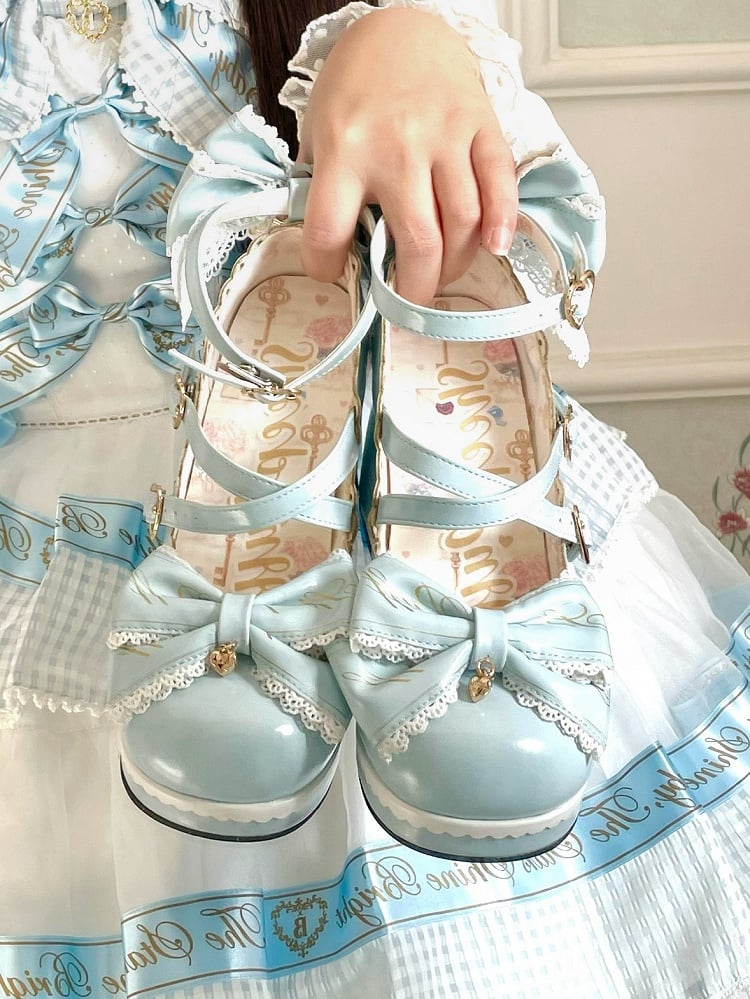 Heels Heart at Block High Buckles Blue Bow Crisscross Design Detachable Top