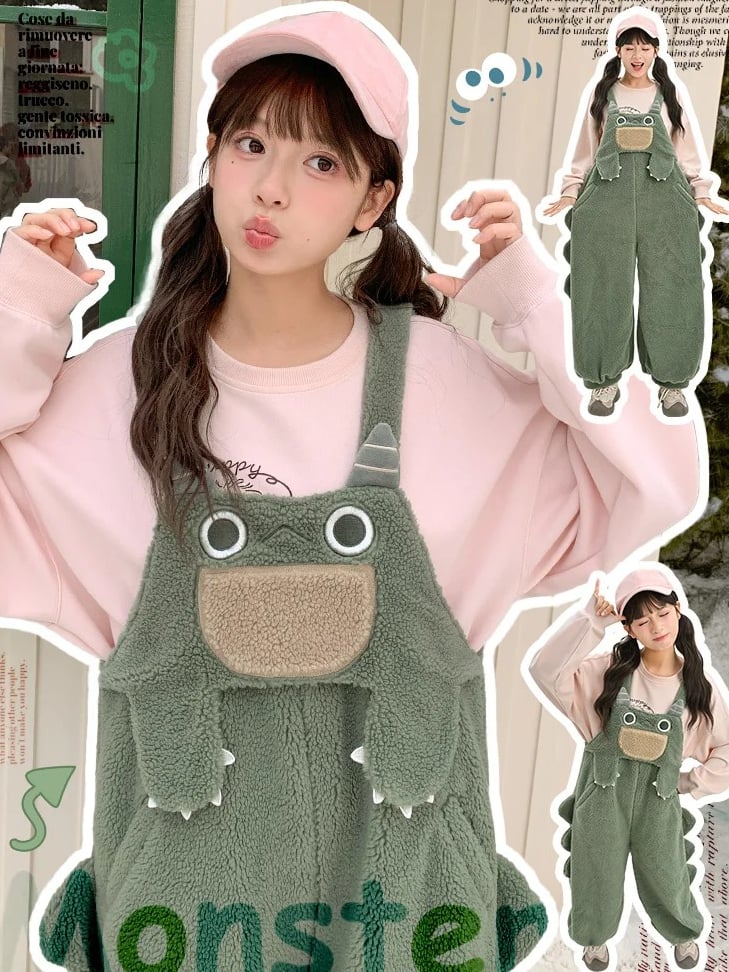 Süßer grüner Plüsch-Overall mit Dinosaurier-Motiv