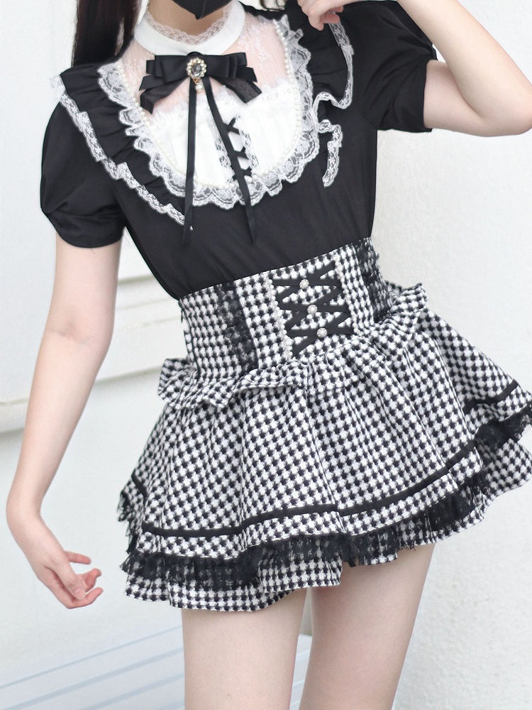 / Lace Trim with Bead Details White Plaid Blouse Jirai Kei Illusion Neckline Black