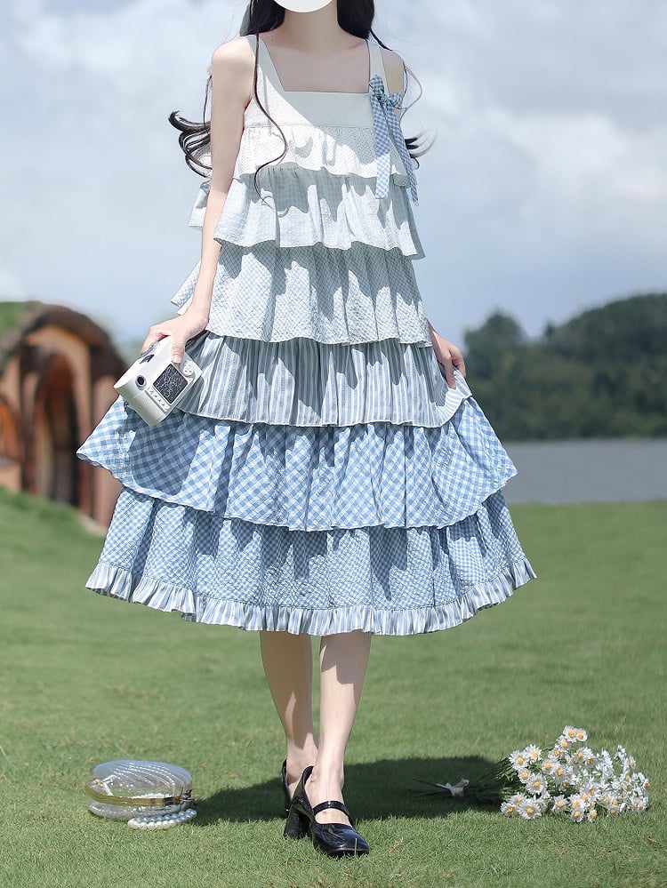 Blau mit Patchwork Urlaub Taille ärmelloses Kleid Stufenrock Gürtel