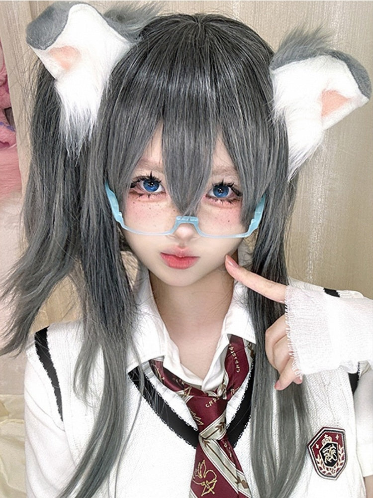 Clips Wig Gray Double Ponytail + 30CM Claw Bangs 38CM Straight Length With Ombre Hair Color