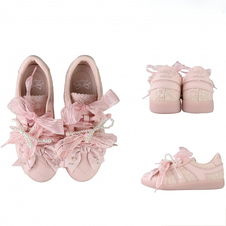 Schnür-Sneakers mit Schleife vorne, rosa Oberteil mit Perlen-Spitzenbändern