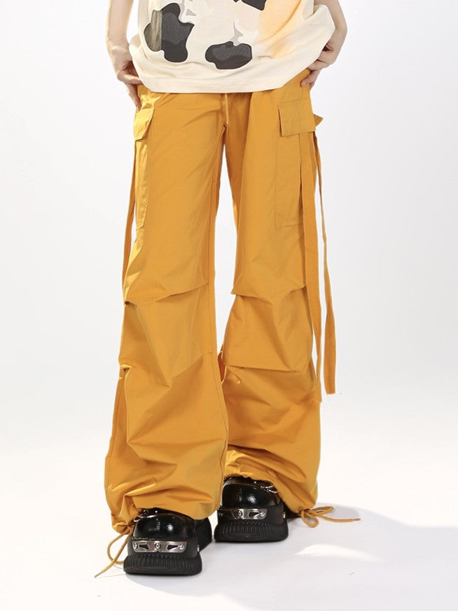 Yellow Cargo Wide-Leg Pants with Drawstring Accents Mustard