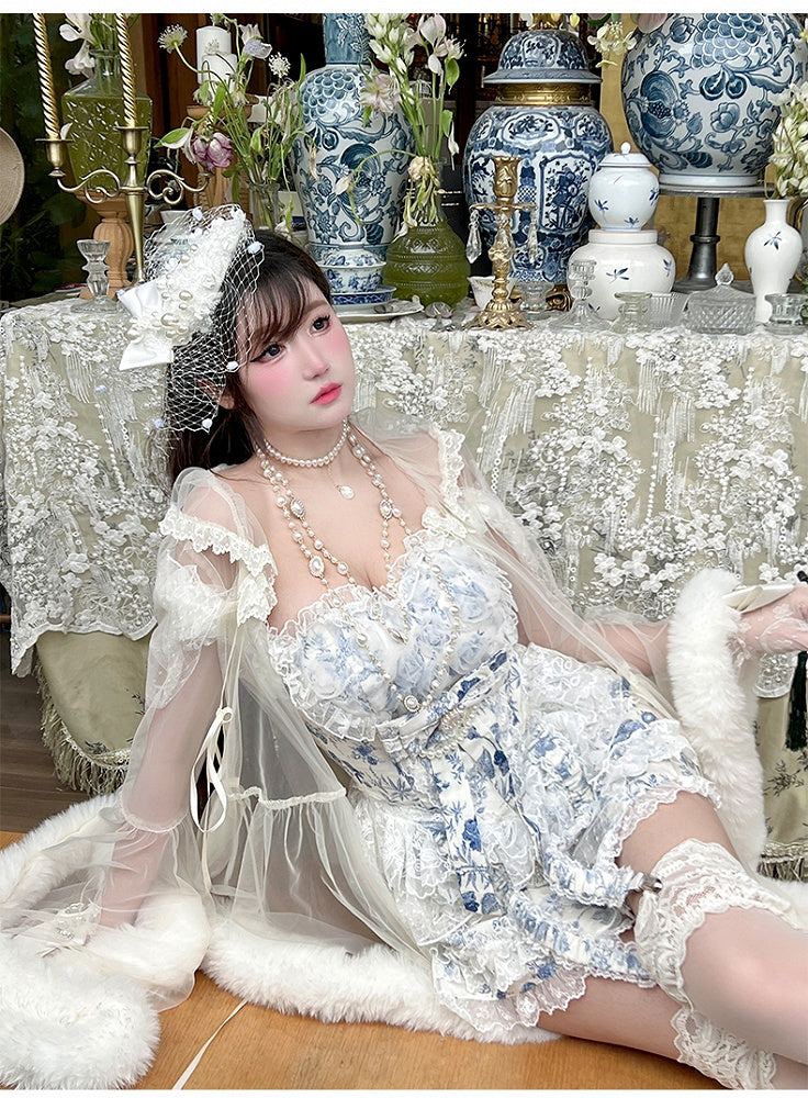 Porcelain + Corset Blue Neckline Rococo Outfit Chinoiserie White Skort Sweetheart and Top