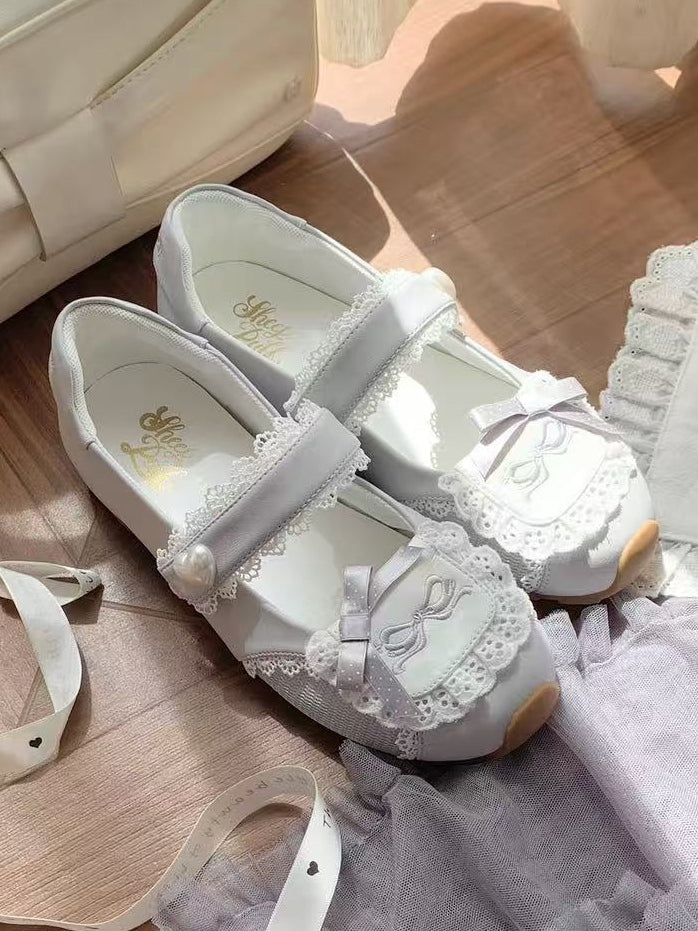 Sneakers Flat with Sweet Bow Lace Edging Gray Decorative Lolita - Velcro Fastening Style