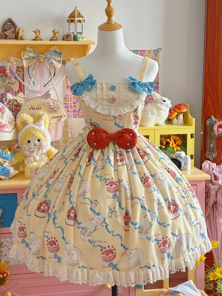 Lolita Print Dress Yellow Showa Cherry Fashion Cream Sweet Cake Kitty and