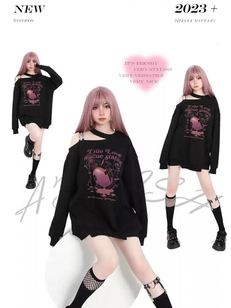 ブラックのカットアウトショルダーハート&リボンプリントトップス