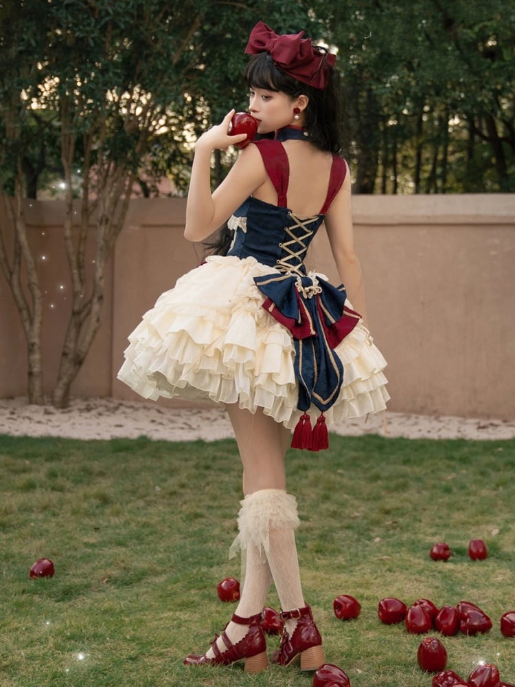 Dark Blue and Red Detachable Collar Qi Tiered Ruffles Jumper Skirt
