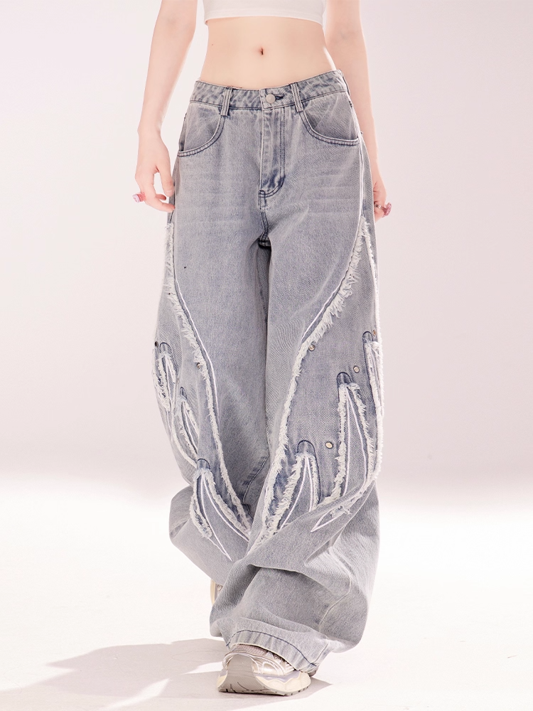 Vintage Wide-leg Jeans Light Blue Rise Wings Embroidery Applique Low