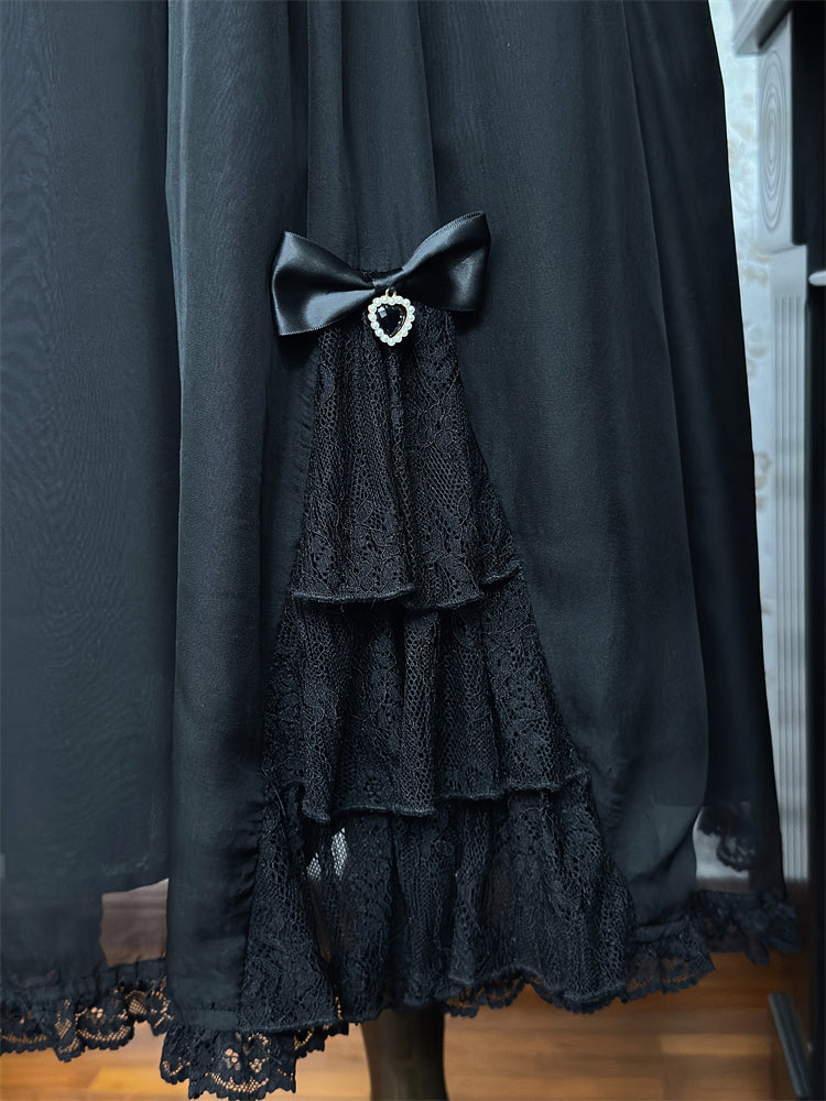 Saum Rüschen Stufenkleid Jirai Kei Schwarz Chiffon Herz Schnallen Taille