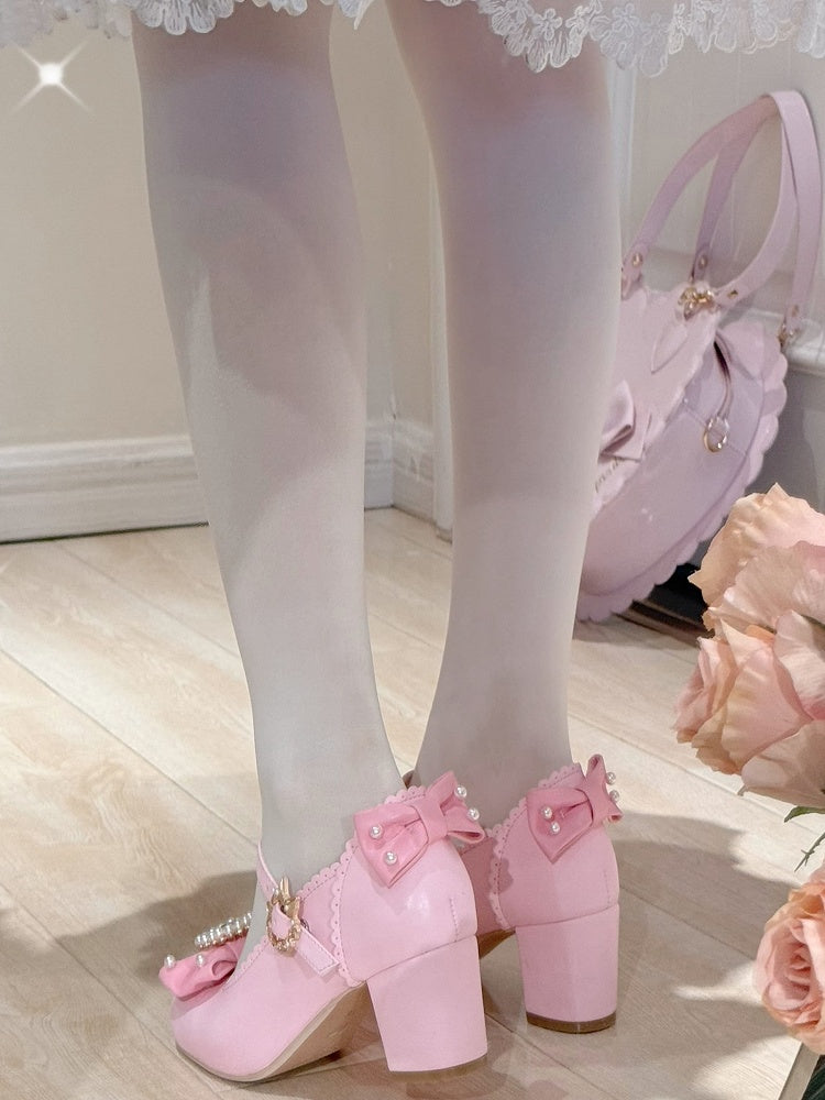 Schuhe Janes Bowknot Strass verziert und rund Mary Lolita Details Perlen Zehen rosa