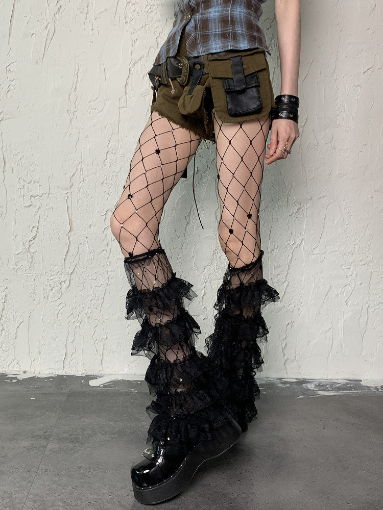Rhinestone Y2K Tights Cut-out Black Design