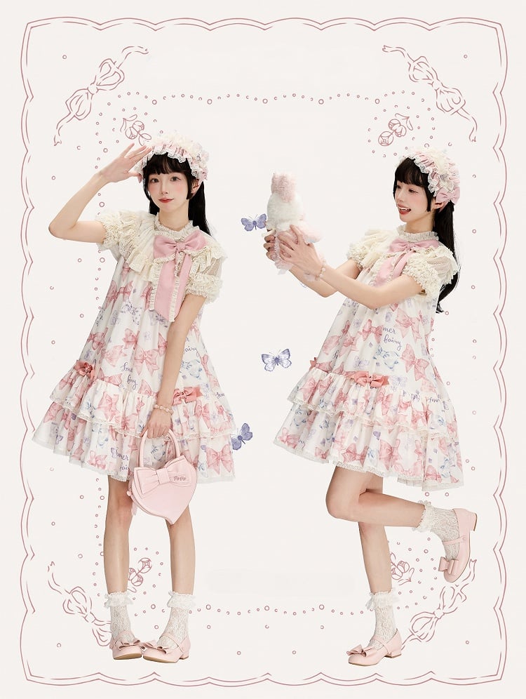 Rosa Lolita-Kleid mit großer Schleife am Ausschnitt und Schleifen, doppellagig