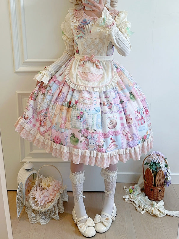 Bunny Embroidery Collar Cottagecore Patchwork Sweet Lolita Dress with Detachable Sleeves
