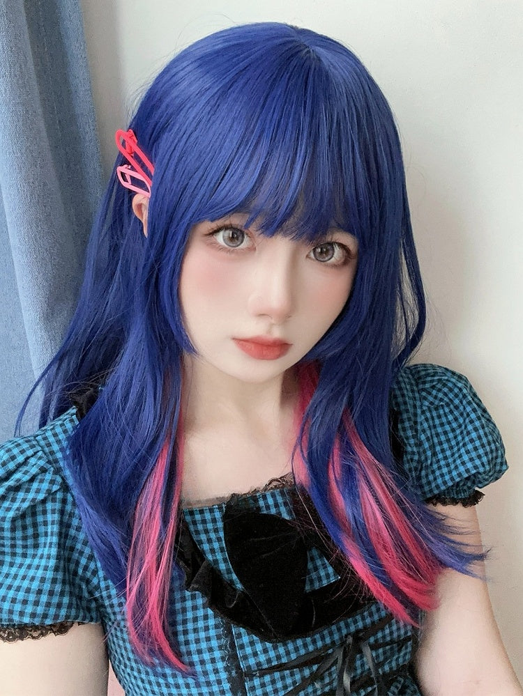 And Length Bangs Pink Highlight With Wig 70CM Blue Straight