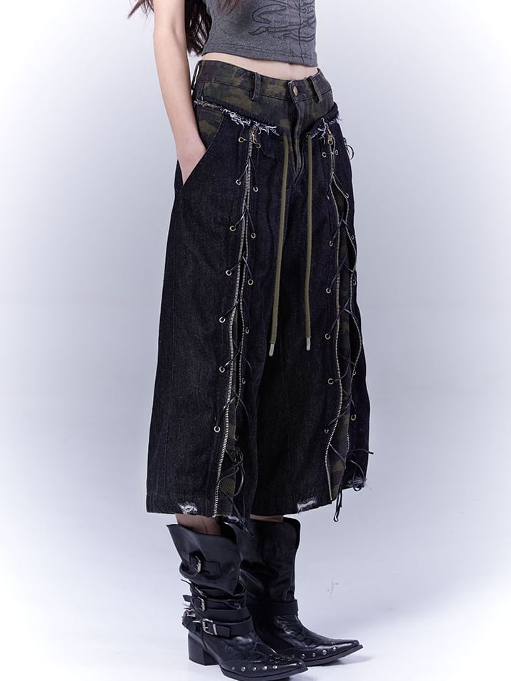 Distressed Rock Straight-leg Jeans Punk Camouflage Lace-up Front