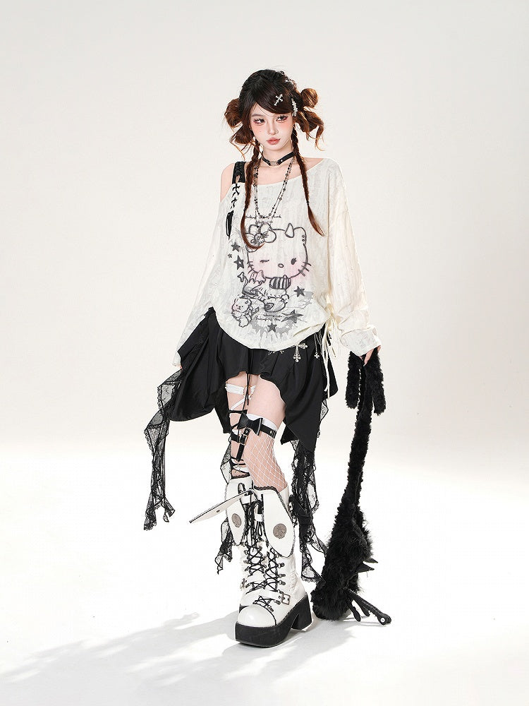 Detail Cascading Lace Ruffles Skirt Black Lace-up