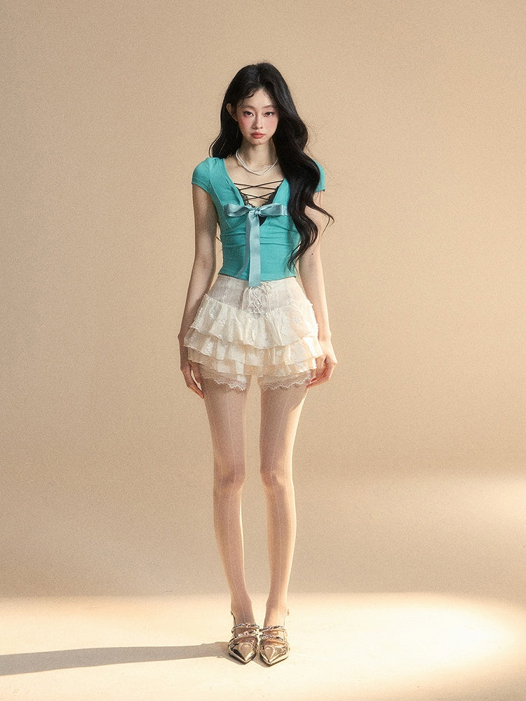 Blue Lace Trim V-Neck Cutout Tiffany Slim-fitting Back T-Shirt Big Bow