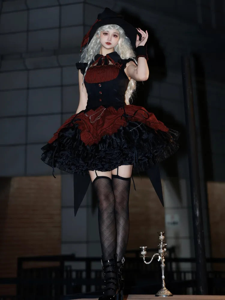 Red and Black Boned Waist Drawstring Striped Pattern Hem Halloween Gothic Lolita Dress