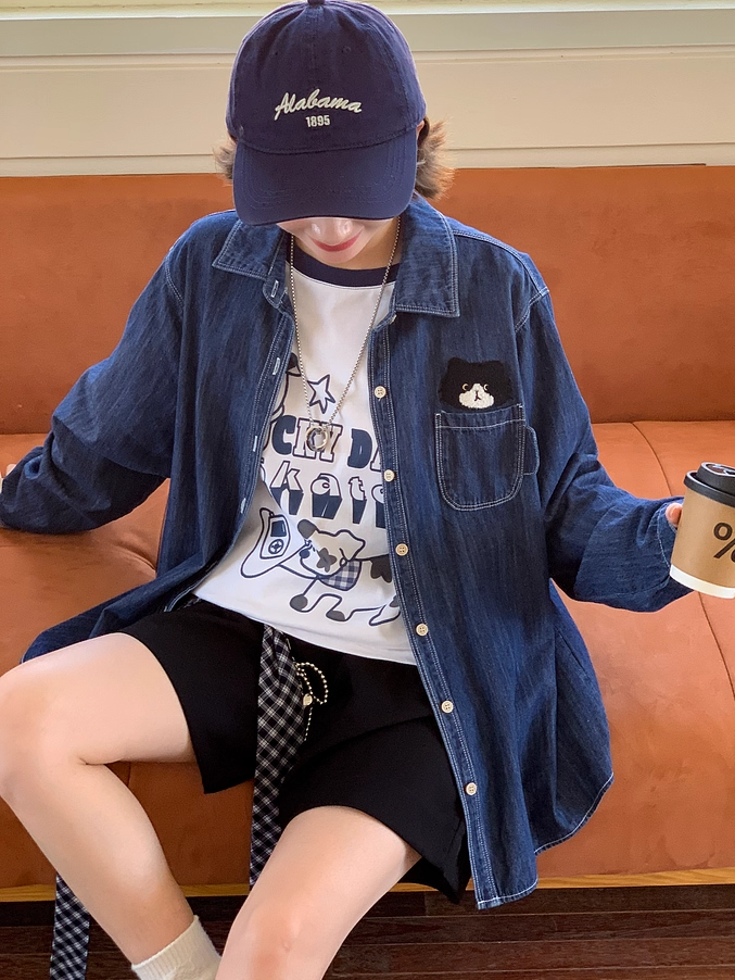 Kitty Dark Blue Faded Wash Denim Shirt Cute Embroidery