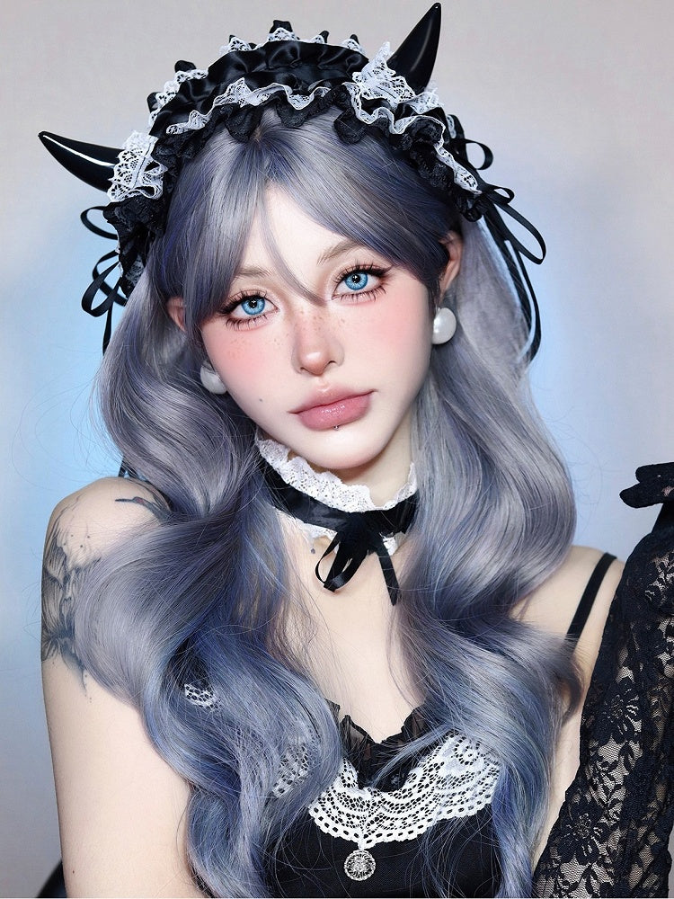65CM With And Ombre Air Wavy Length Wig Gray Bangs Blue
