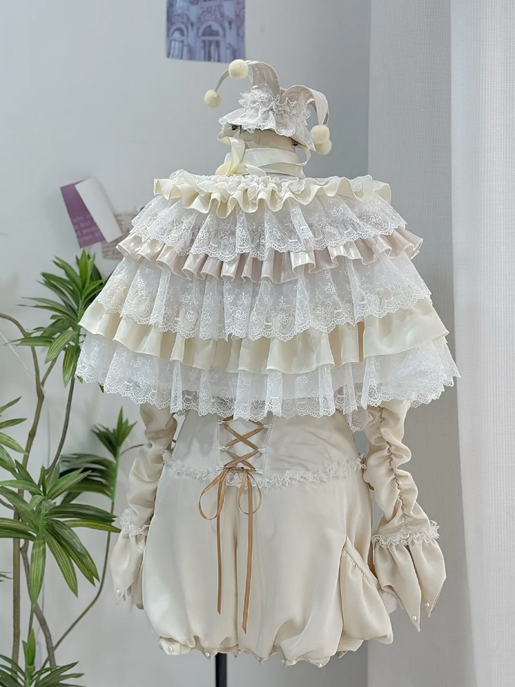 Clown-Outfit + Shorts, Pumphose, Kragen, spitzes Hemd, Lolita-Zirkus, Strumpfbänder, Ouji Apricot Vibes –