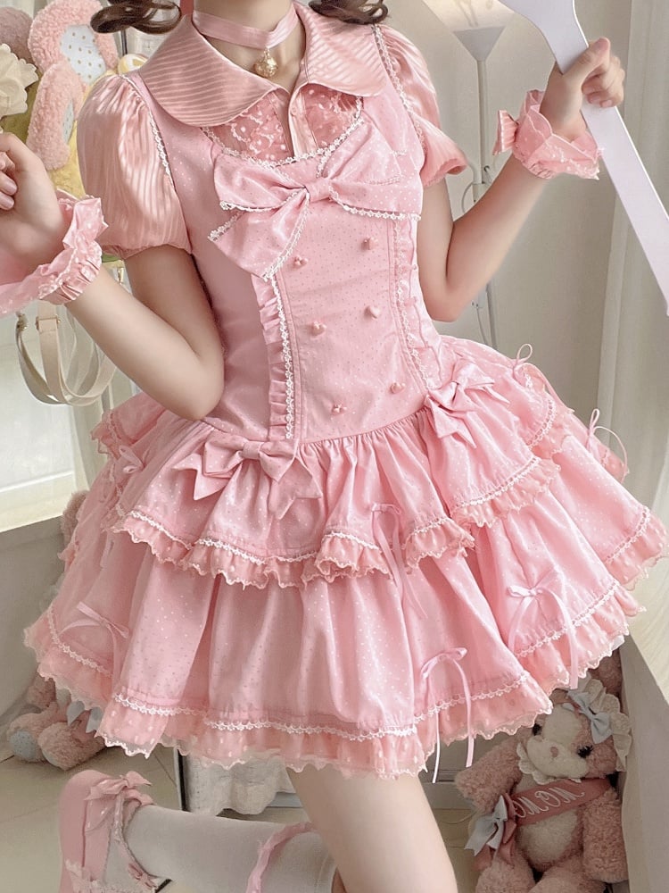 Bow Pink Accents Dots Lolita Old School Dress Shimmer Polka Sweet