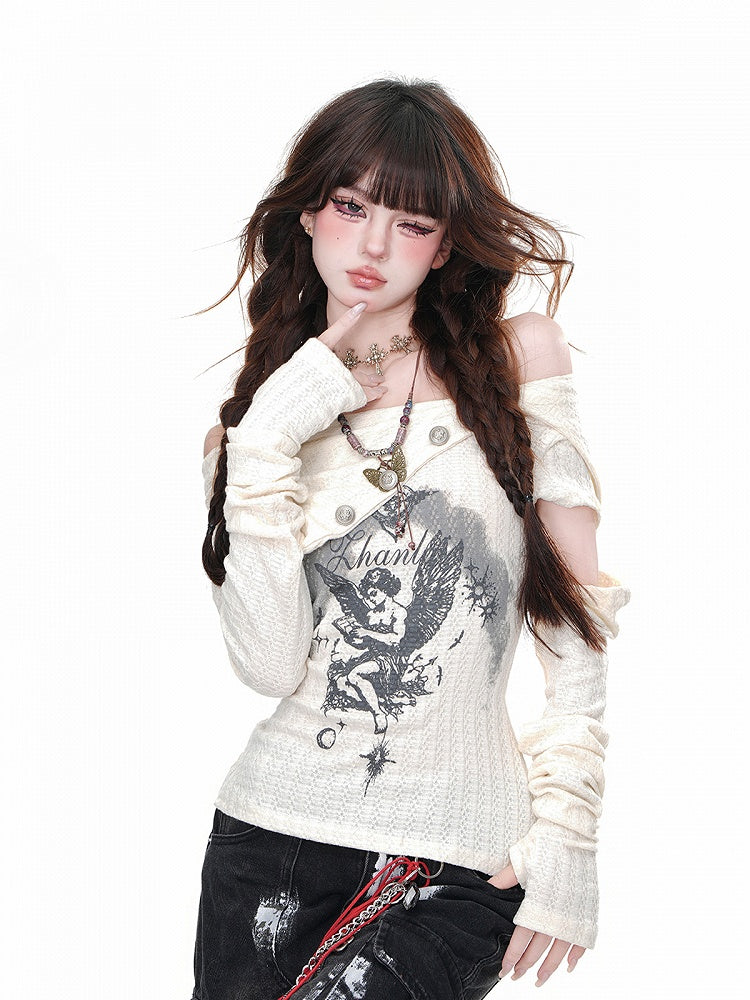 Apricot/Black Asymmetrical Neckline Angel Print Detachable Buttons Glamorous Knitted Top