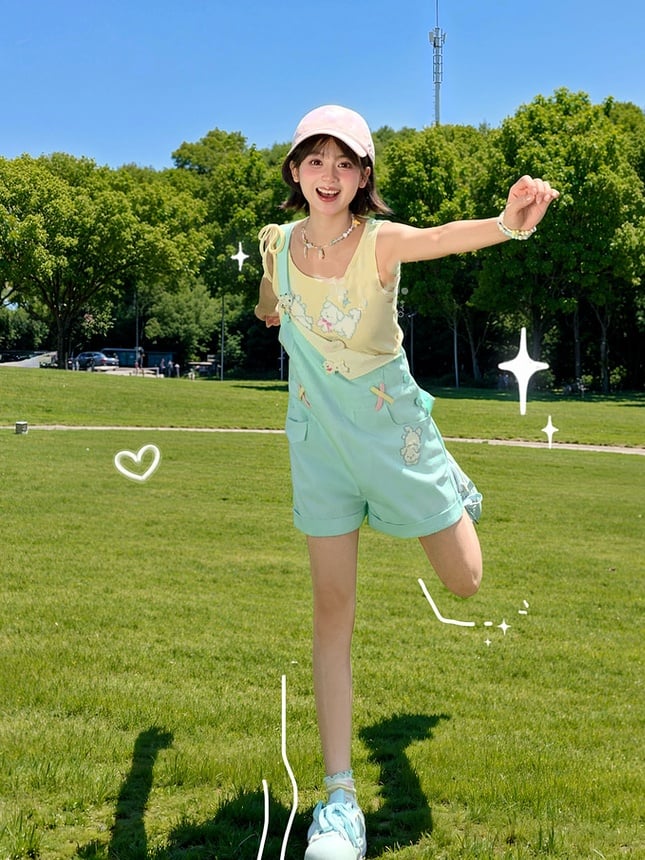 Shorts Overall Mint Green Cartoon Puppy Embroidery Straight-leg Cut