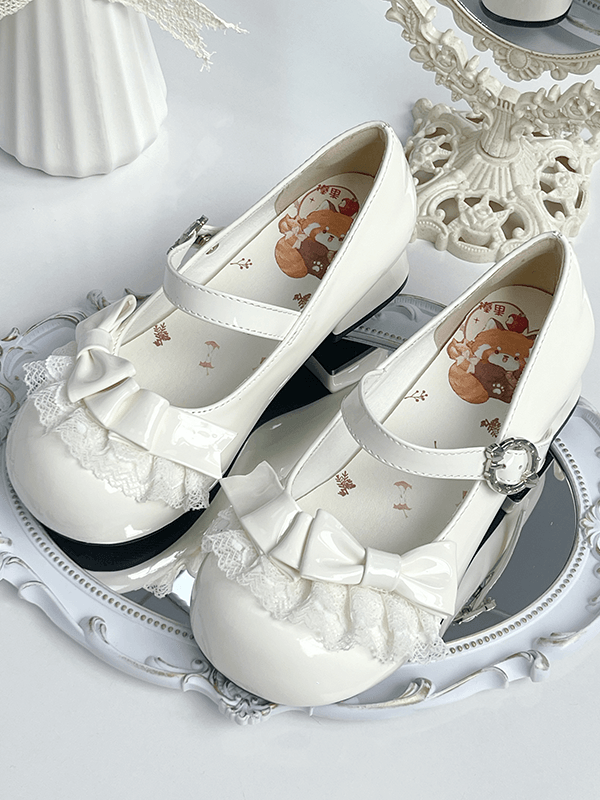 Sweet Janes Lace White PU Accents Lolita - with Bow Low-heel Round Trim Mary Toe