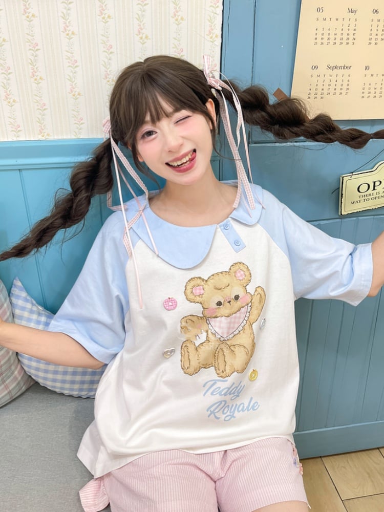 Blue and White Asymmetrical Peter Pan Collar Bear Print T-Shirt Long Version