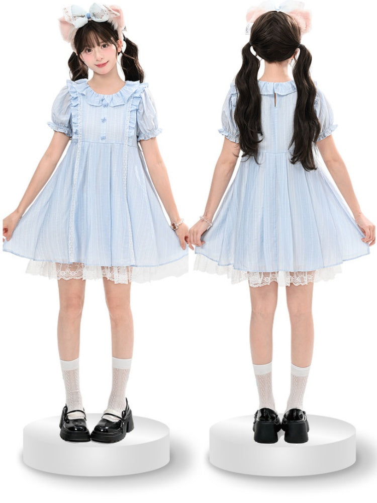 Dress Light Blue Ruffle Collar Puff Sleeves Sweet