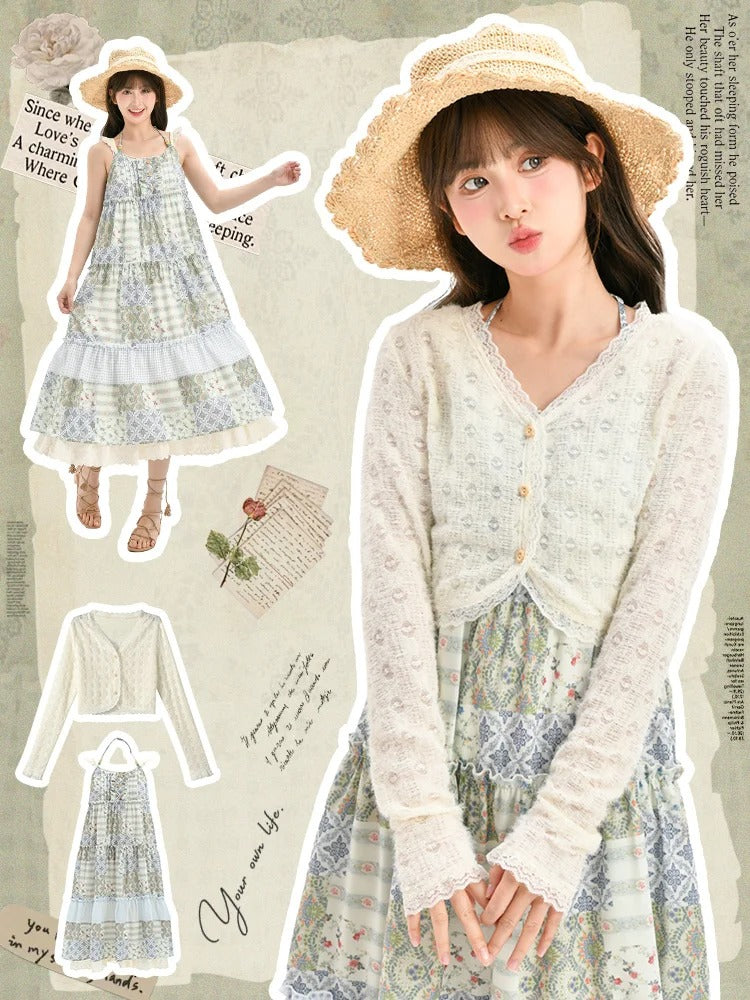 Mori Kei Green Halter Neck Patchwork Design Floral Dress