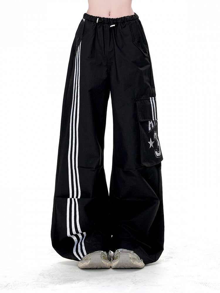 Lose Gerade-Bein Hosen Taschen Schwarz Kordelzug Taille Cargo