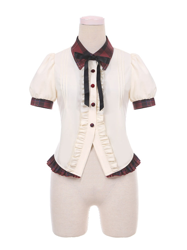 Contrast Red Plaid Trim Beige Idol Lolita Blouse with Lace-up Detail at Back